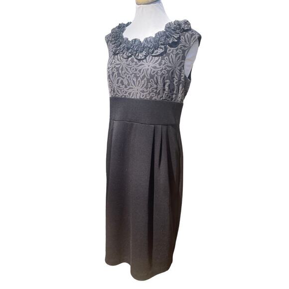 London Times Ruffle-Neck Cap-Sleeve Gray/Black Floral-Top Sheath Dress - Picture 1 of 11